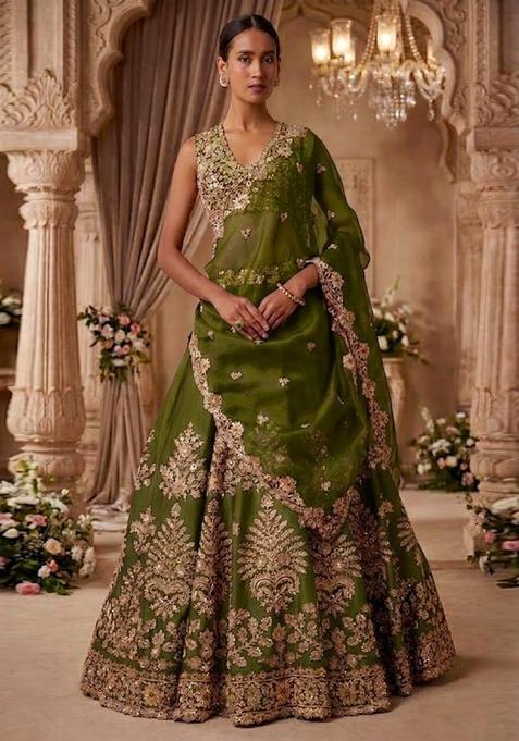 Green Embroidered Bridal Lehenga Set — view on Indya
