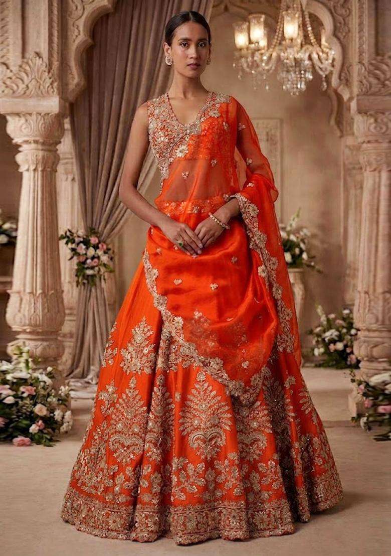 Orange  Embroidered Bridal Lehenga Set - Indya