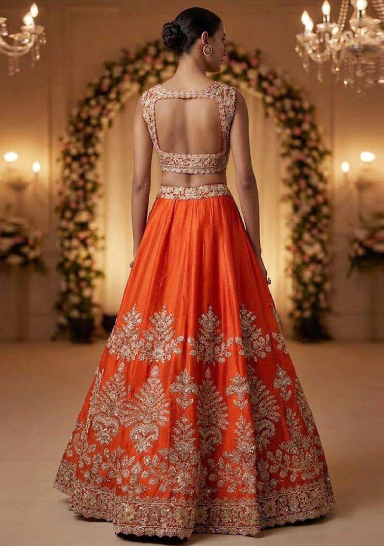Orange  Embroidered Bridal Lehenga Set - Indya
