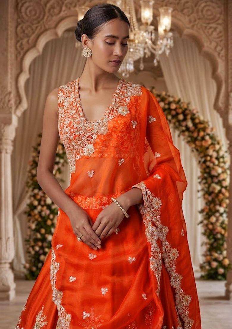 Orange  Embroidered Bridal Lehenga Set - Indya