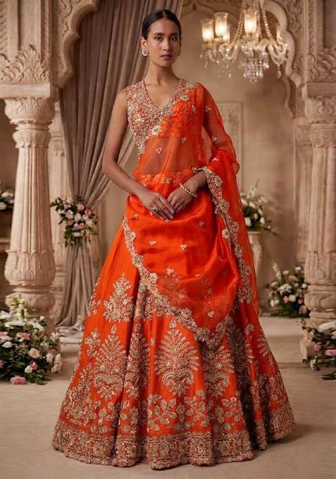 Orange Embroidered Bridal Lehenga Set — view on Indya