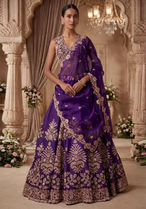 Purple Embroidered Bridal Lehenga Set — view on Indya