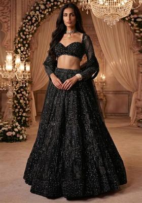 Jet Black Embroidered Bridal Lehenga Set