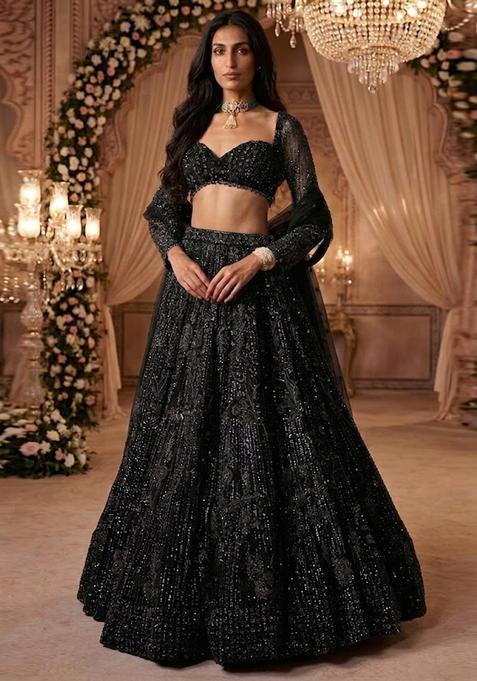 Jet Black Embroidered Bridal Lehenga Set — view on Indya