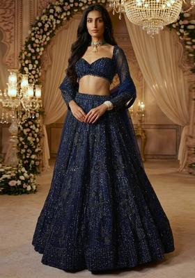 Deep Blue Embroidered Bridal Lehenga Set