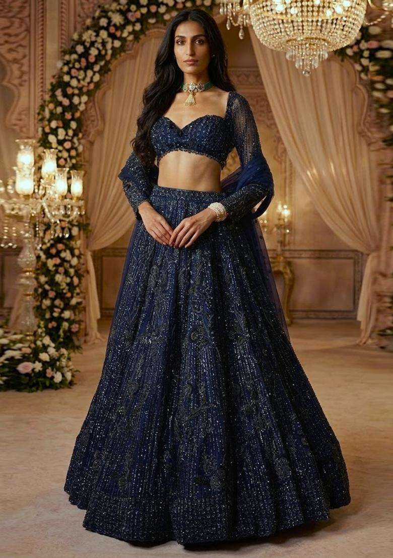 Deep Blue Embroidered Bridal Lehenga Set - Indya