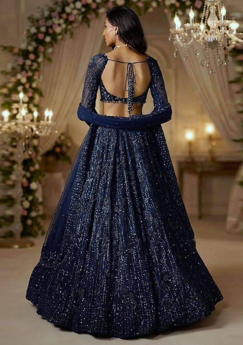 Deep Blue Embroidered Bridal Lehenga Set - Indya
