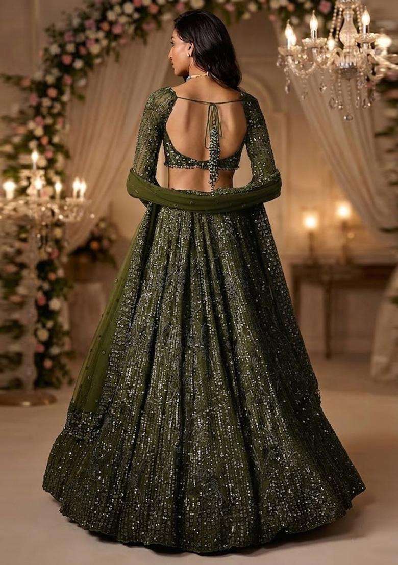 Olive Green Embroidered Bridal Lehenga Set - Indya