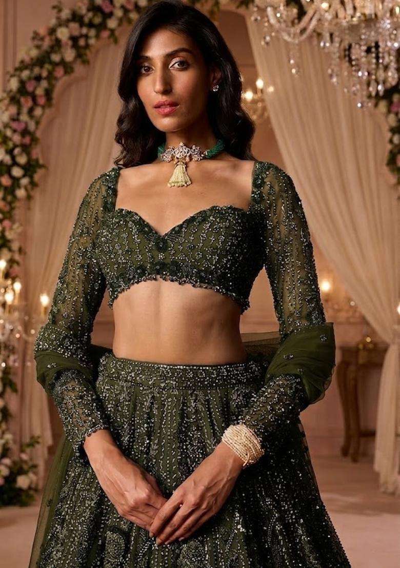Olive Green Embroidered Bridal Lehenga Set - Indya