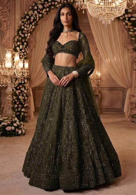 Olive Green Embroidered Bridal Lehenga Set — view on Indya