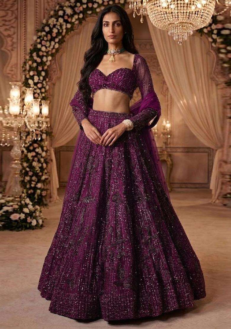 Purple Embroidered Bridal Lehenga Set - Indya