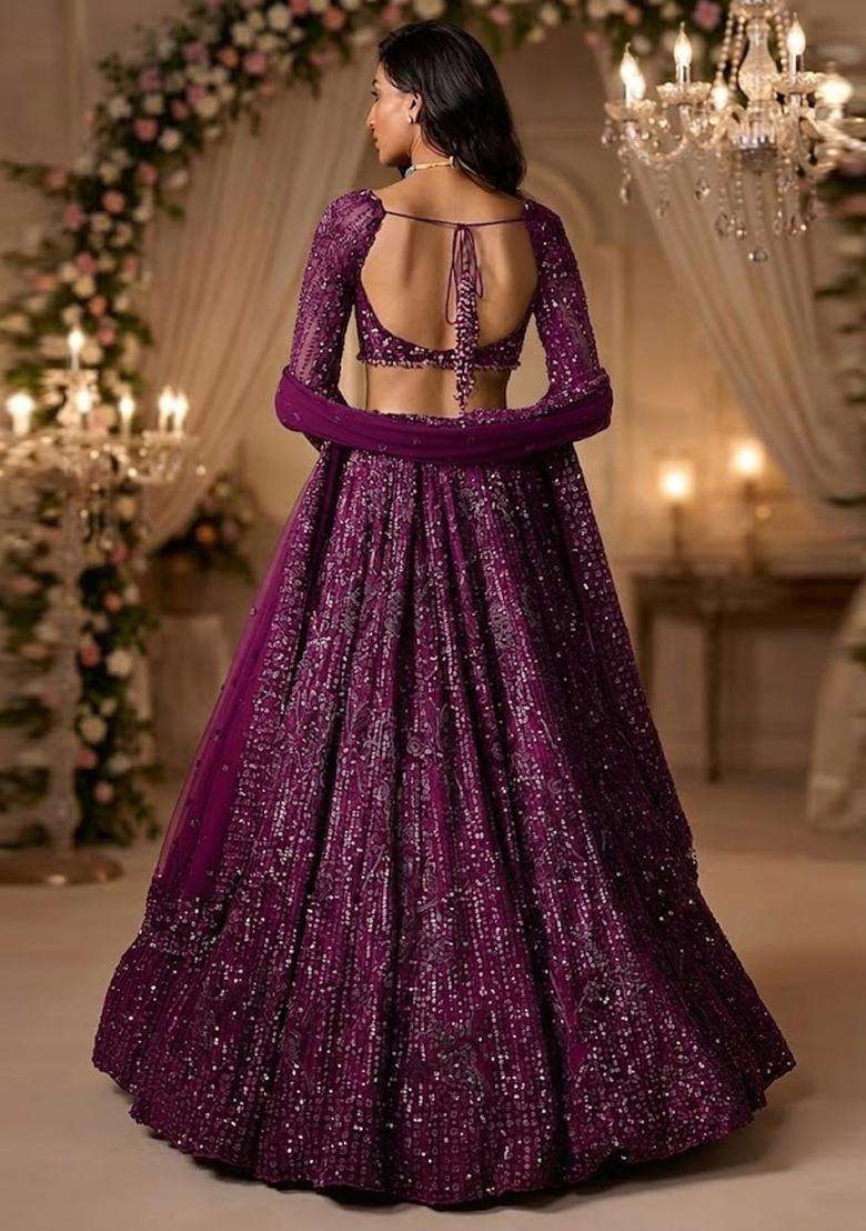 Purple Embroidered Bridal Lehenga Set - Indya