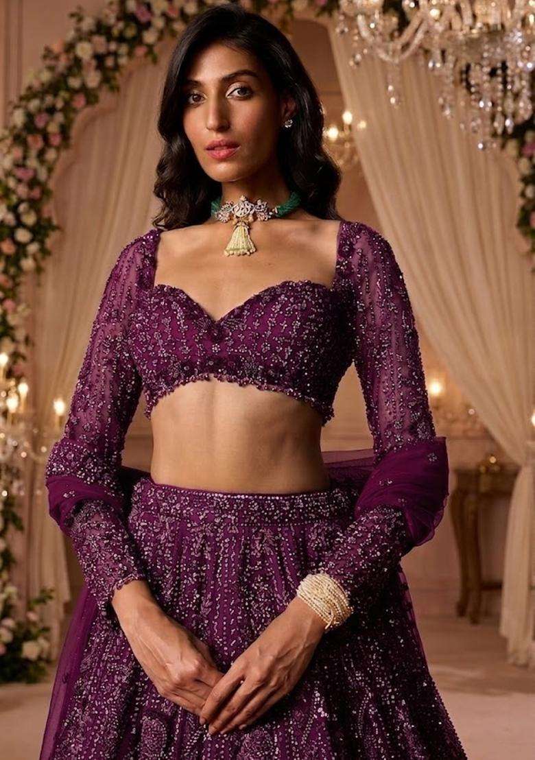 Purple Embroidered Bridal Lehenga Set - Indya