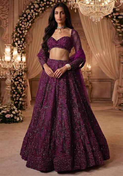 Purple Embroidered Bridal Lehenga Set — view on Indya