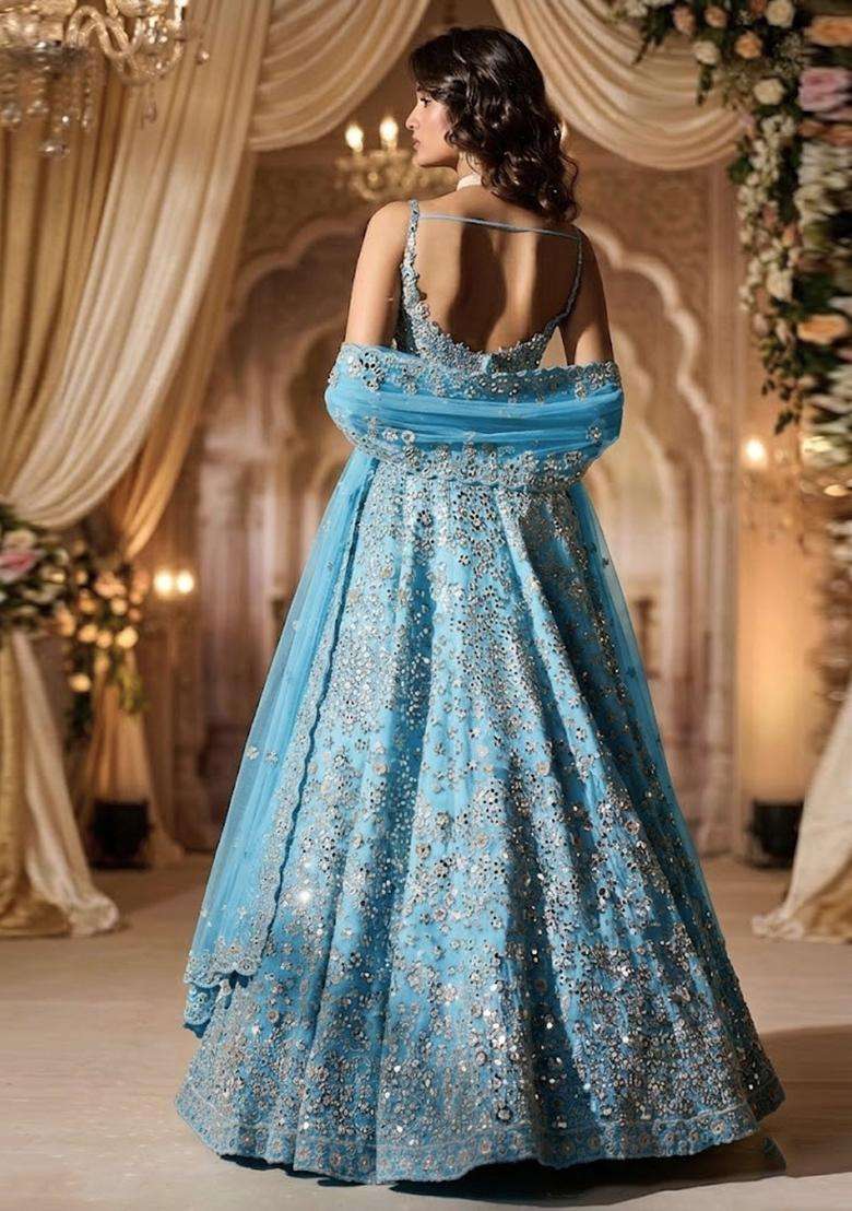 Sky Blue Embroidered Bridal Lehenga Set - Indya