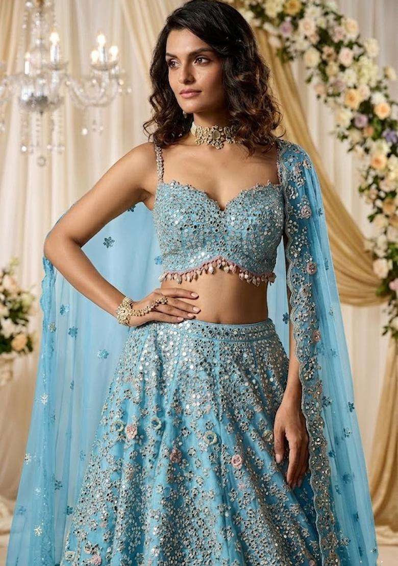 Sky Blue Embroidered Bridal Lehenga Set - Indya