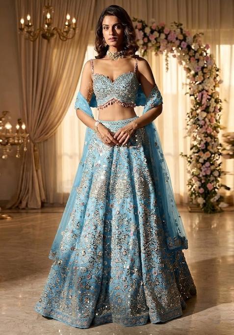 Sky Blue Embroidered Bridal Lehenga Set — view on Indya