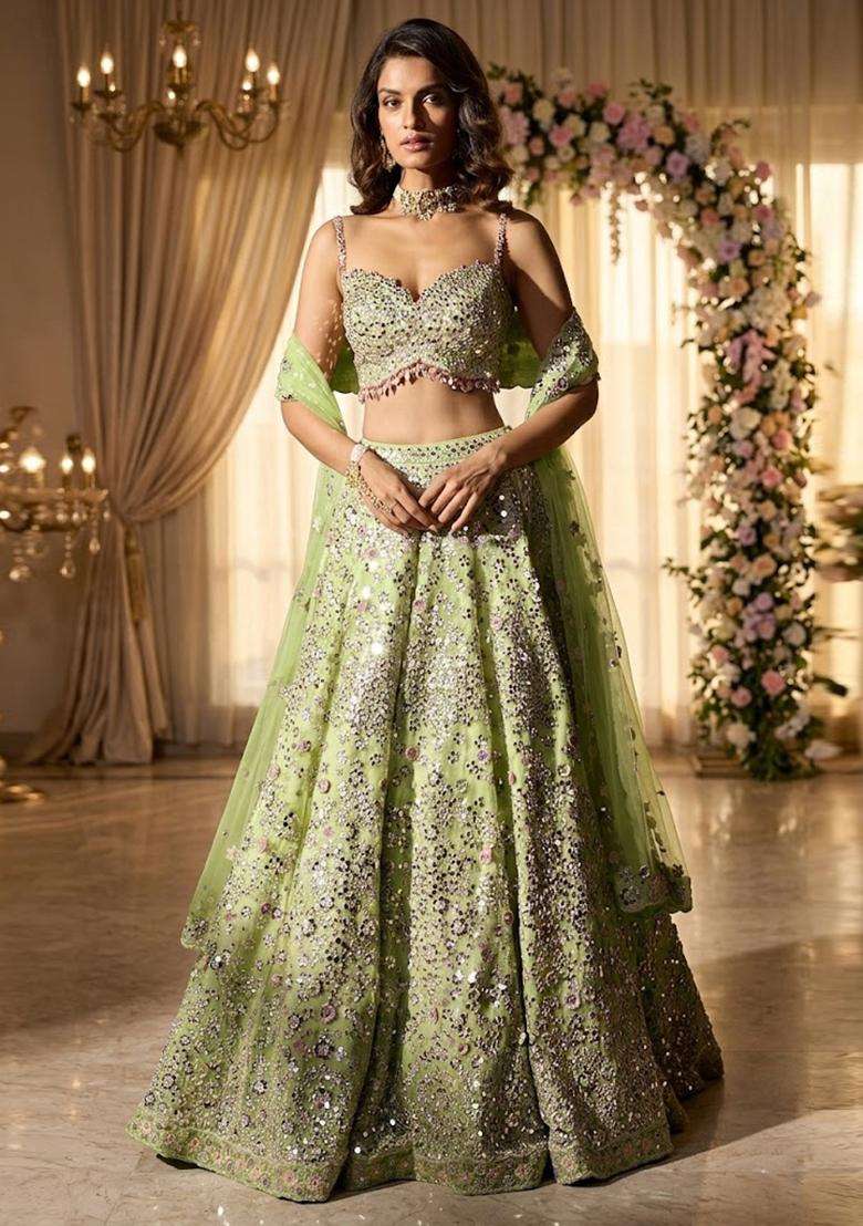 Sage Green Embroidered Bridal Lehenga Set - Indya