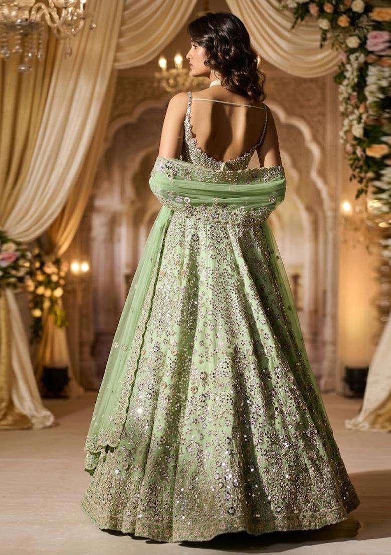 Sage Green Embroidered Bridal Lehenga Set - Indya