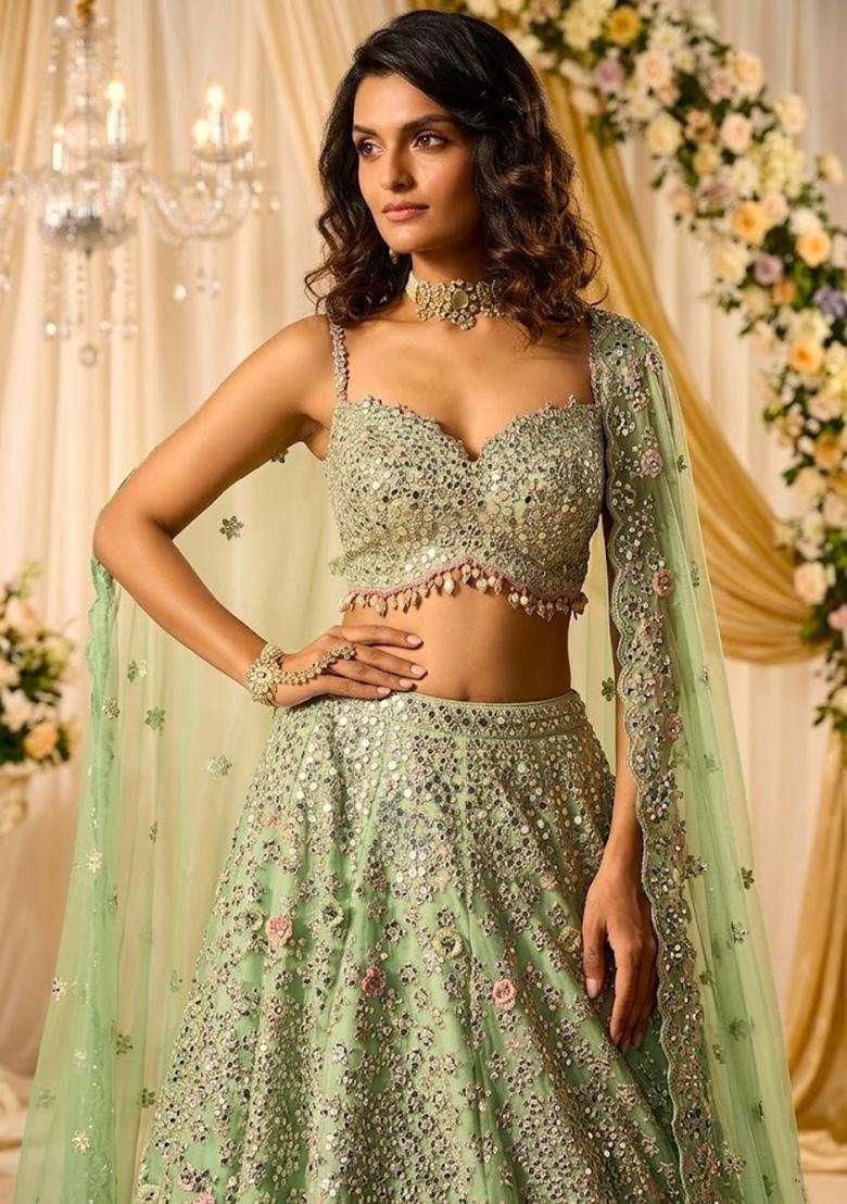Sage Green Embroidered Bridal Lehenga Set - Indya