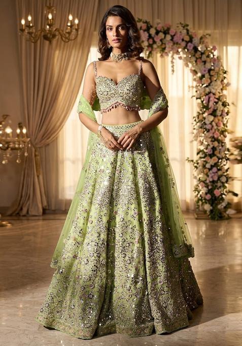 Sage Green Embroidered Bridal Lehenga Set — view on Indya