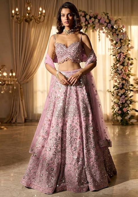 Light Pink Embroidered Bridal Lehenga Set — view on Indya
