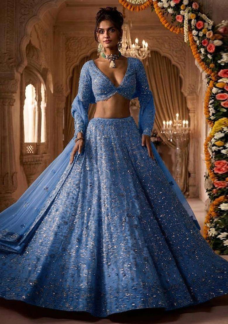 Powder Blue Embroidered Bridal Lehenga Set - Indya
