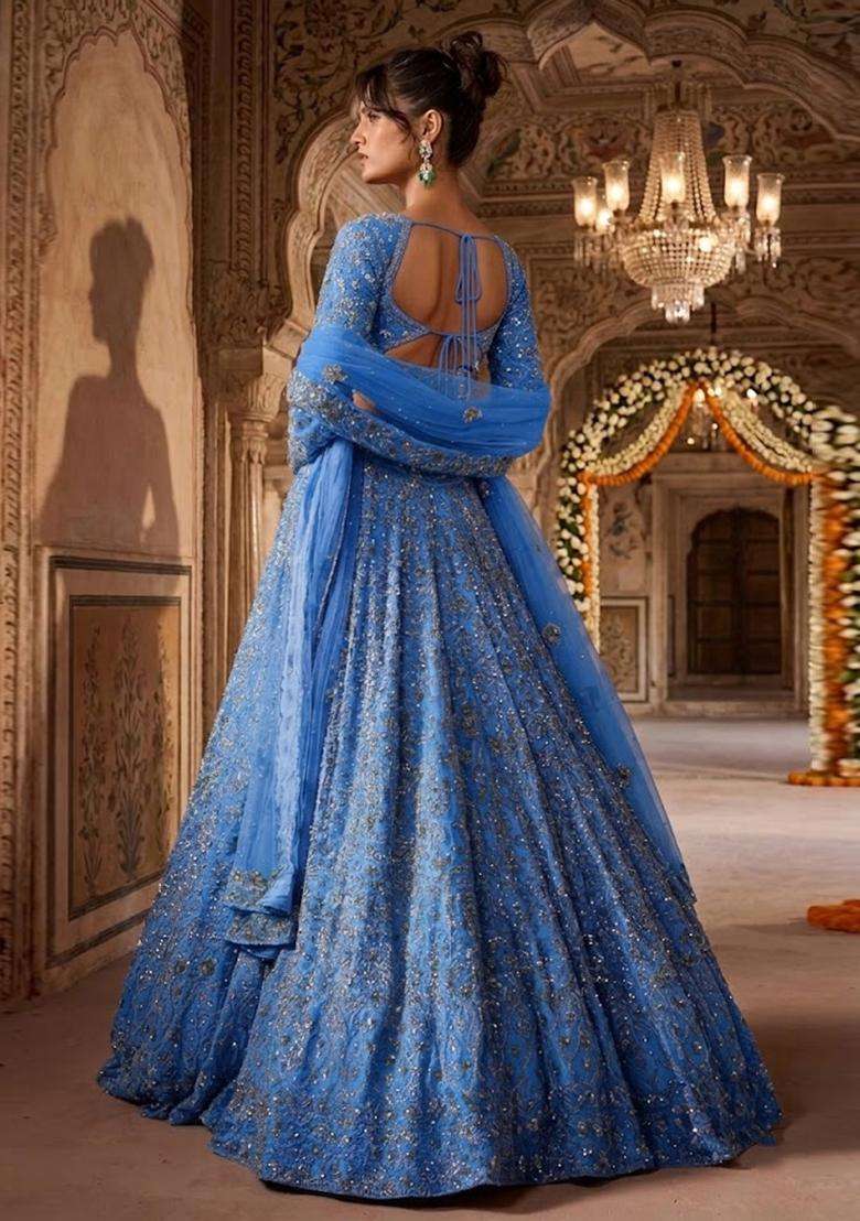 Powder Blue Embroidered Bridal Lehenga Set - Indya