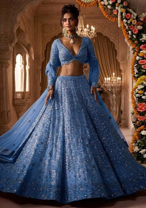 Powder Blue Embroidered Bridal Lehenga Set — view on Indya