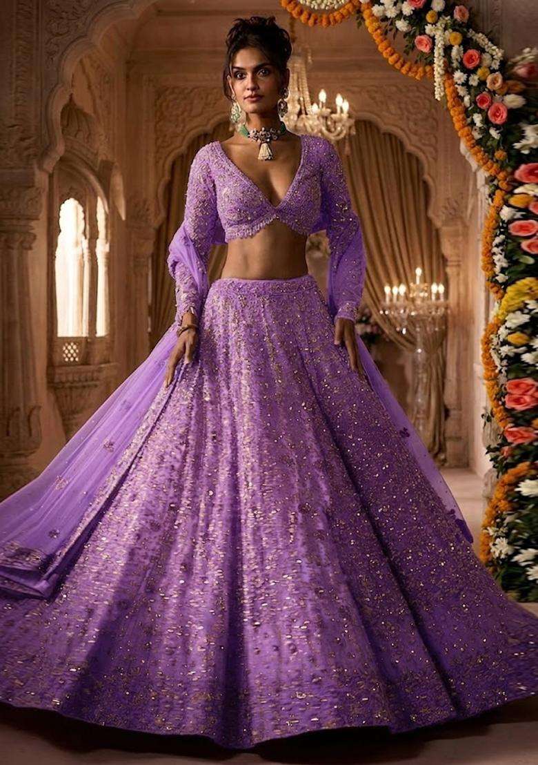 Light Purple Embroidered Bridal Lehenga Set - Indya