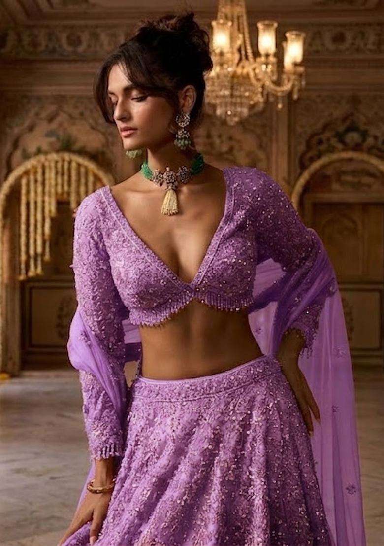 Light Purple Embroidered Bridal Lehenga Set - Indya