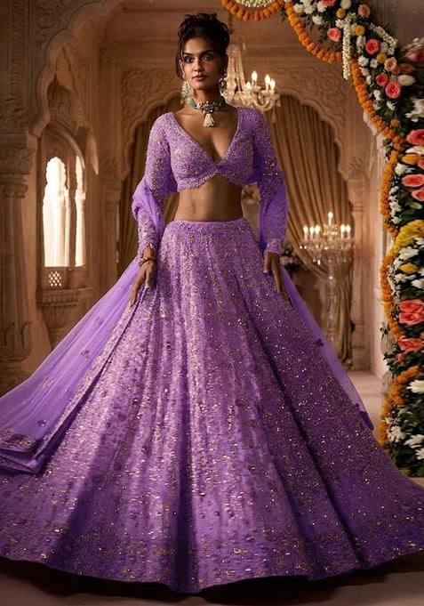 Light Purple Embroidered Bridal Lehenga Set — view on Indya