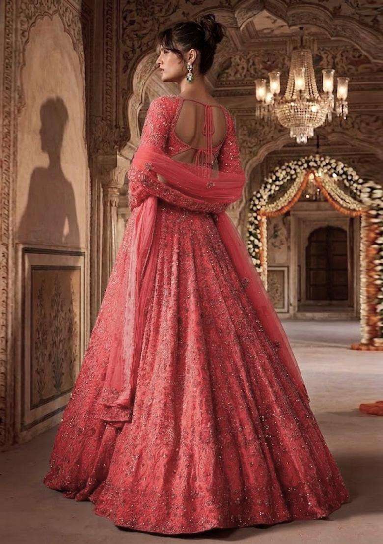Coral Pink  Embroidered Bridal Lehenga Set - Indya