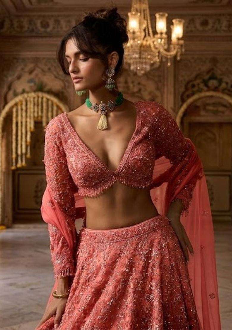 Coral Pink  Embroidered Bridal Lehenga Set - Indya