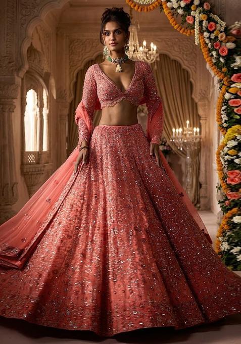 Coral Pink Embroidered Bridal Lehenga Set — view on Indya