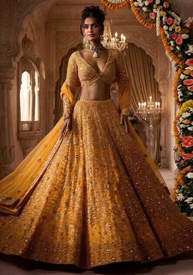 Mustard Yellow  Embroidered Bridal Lehenga Set
