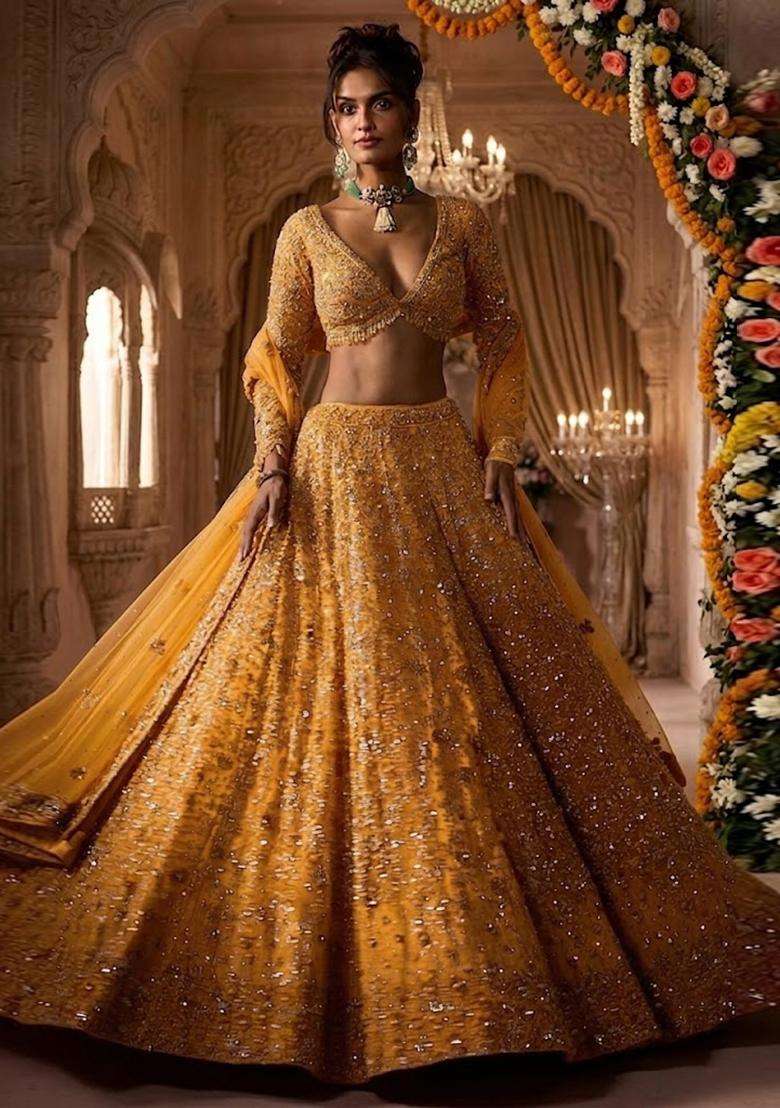 Mustard Yellow  Embroidered Bridal Lehenga Set - Indya