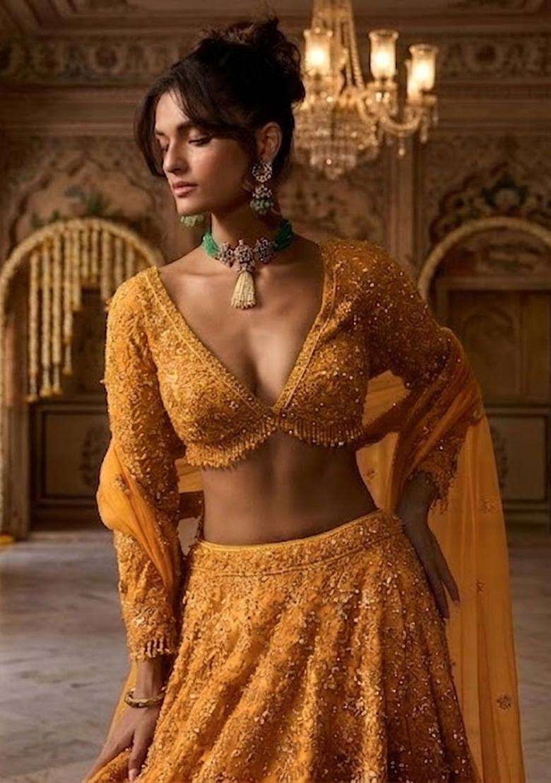 Mustard Yellow  Embroidered Bridal Lehenga Set - Indya