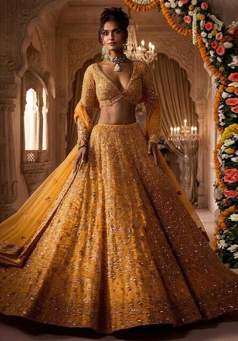 Mustard Yellow Embroidered Bridal Lehenga Set — view on Indya