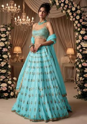 Aqua Blue Embroidered Bridal Lehenga Set