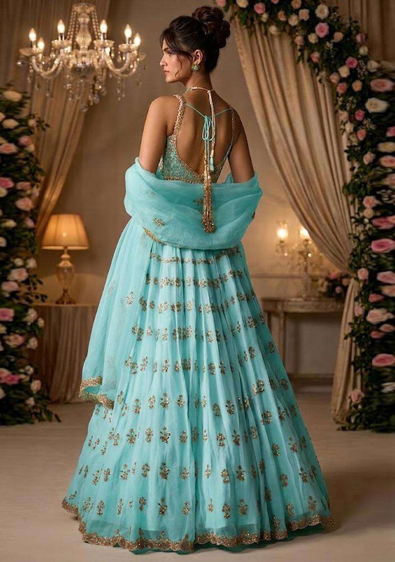 Aqua Blue Embroidered Bridal Lehenga Set - Indya
