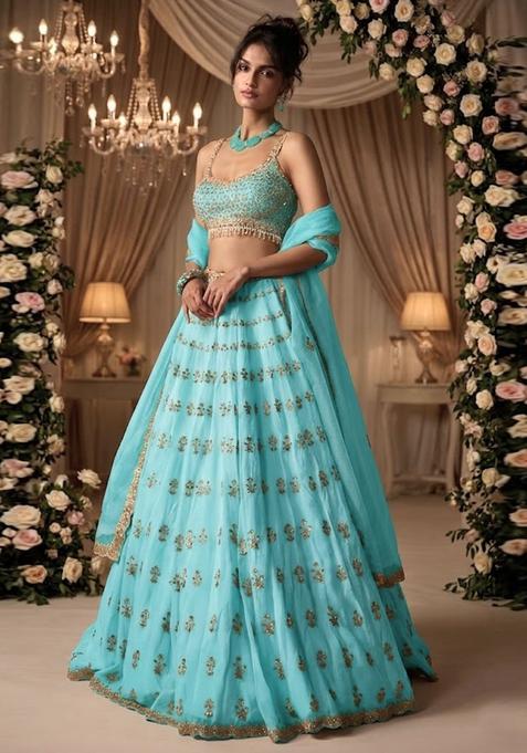 Aqua Blue Embroidered Bridal Lehenga Set — view on Indya