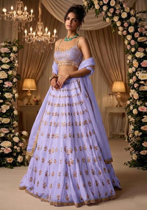Lavendar Embroidered Bridal Lehenga Set — view on Indya