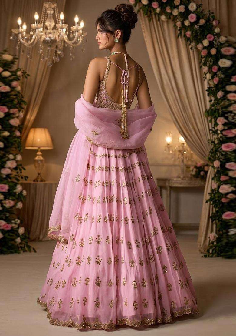 Blush Pink Embroidered Bridal Lehenga Set - Indya