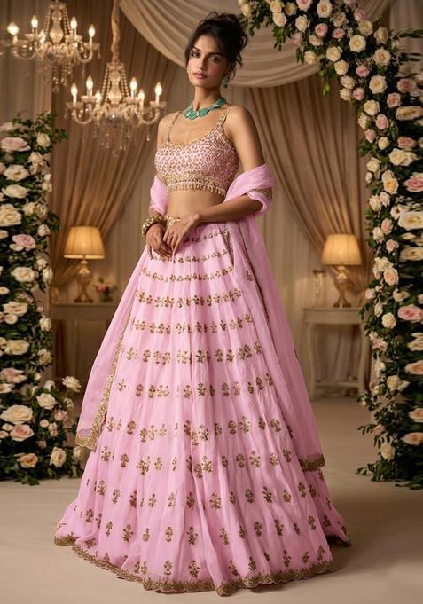 Blush Pink Embroidered Bridal Lehenga Set — view on Indya