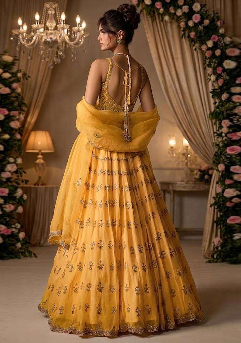 Yellow  Embroidered Bridal Lehenga Set - Indya