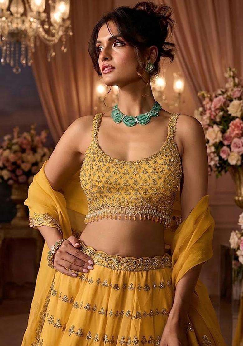 Yellow  Embroidered Bridal Lehenga Set - Indya