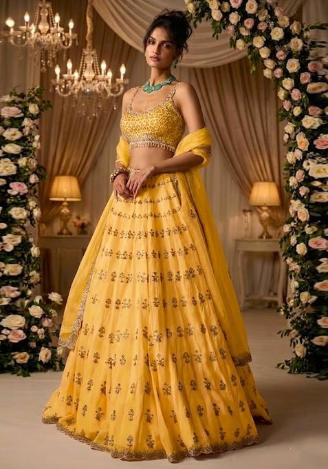 Yellow Embroidered Bridal Lehenga Set — view on Indya