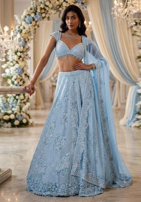 Ice Blue Embroidered Bridal Lehenga Set