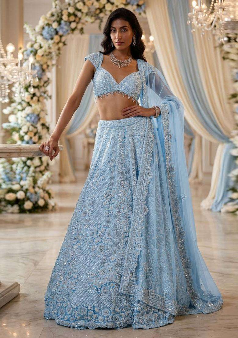 Ice Blue Embroidered Bridal Lehenga Set - Indya